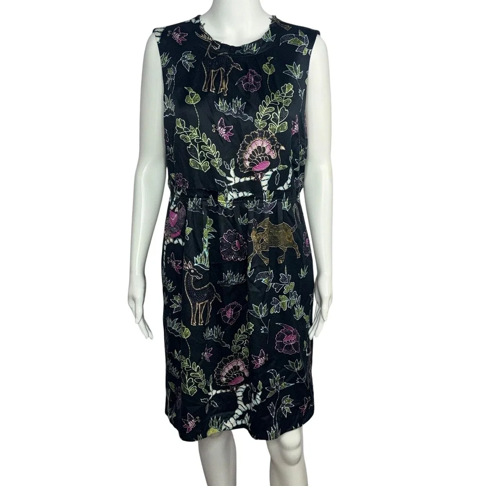Tory Burch Black Silk Cotton Animal Floral Print Sleeveless Shift Dress 14